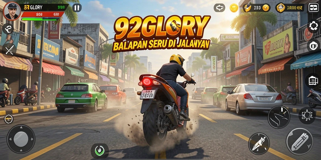 Screenshot gameplay 92GLORY dengan mobil balap tengah melaju kencang.