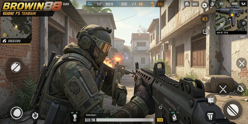 Screenshot gameplay BROWIN88 menampilkan konflik intens antar pemain FPS.