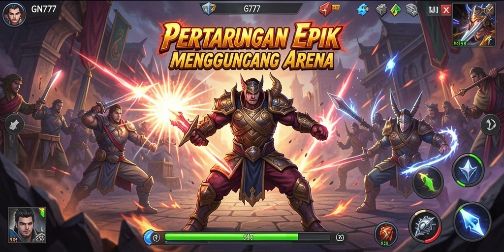 Tampilan gameplay pertarungan epik di GN777 dengan para karakter yang beraksi.