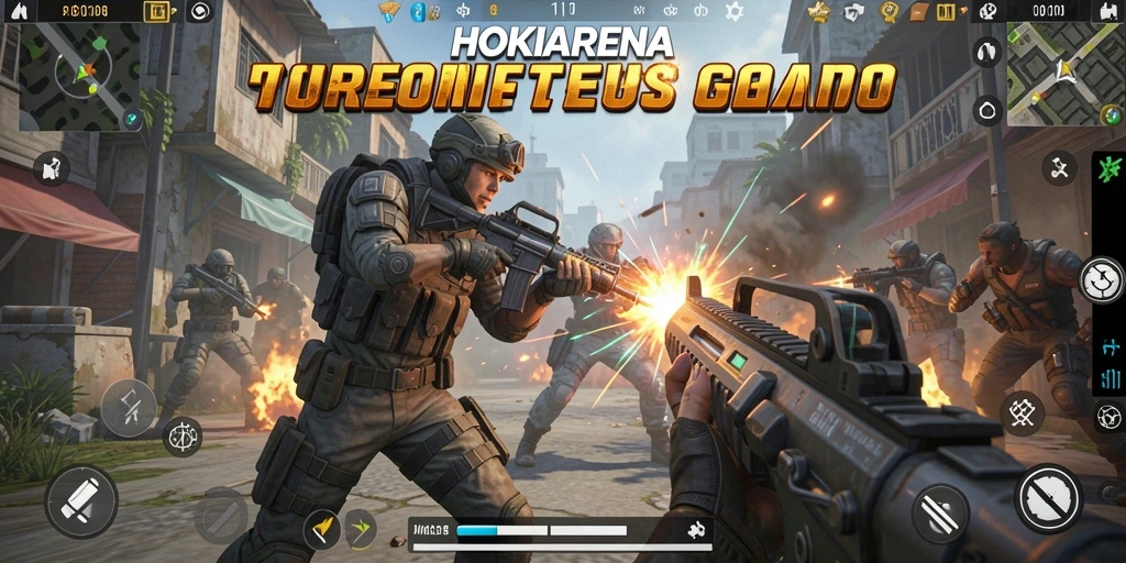 Screenshot gameplay HOKIARENA menampilkan aksi seru dalam pertempuran TPS.