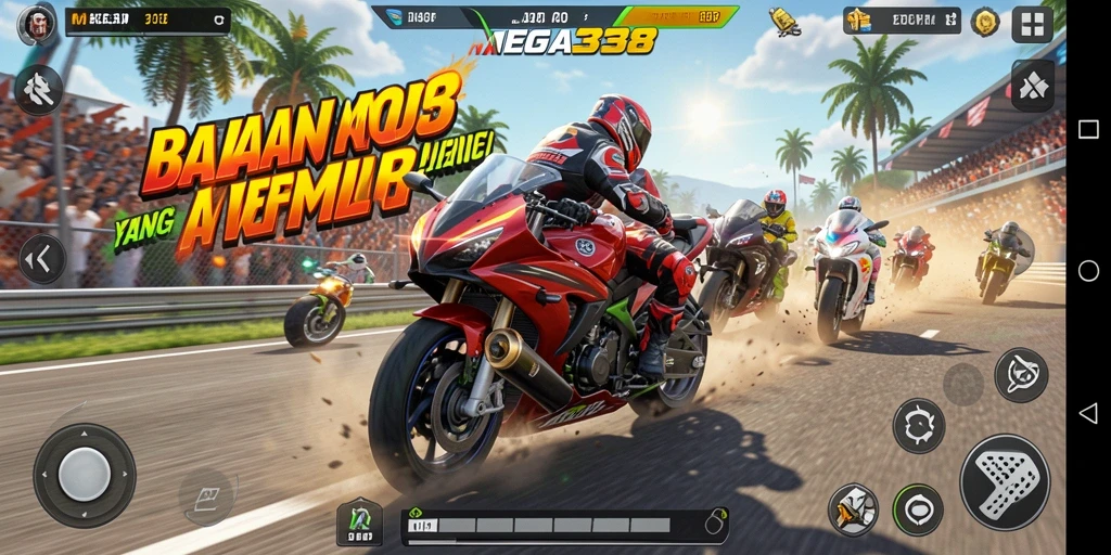 Tampilan gameplay seru di MEGA338 dengan motor balap yang cepat.