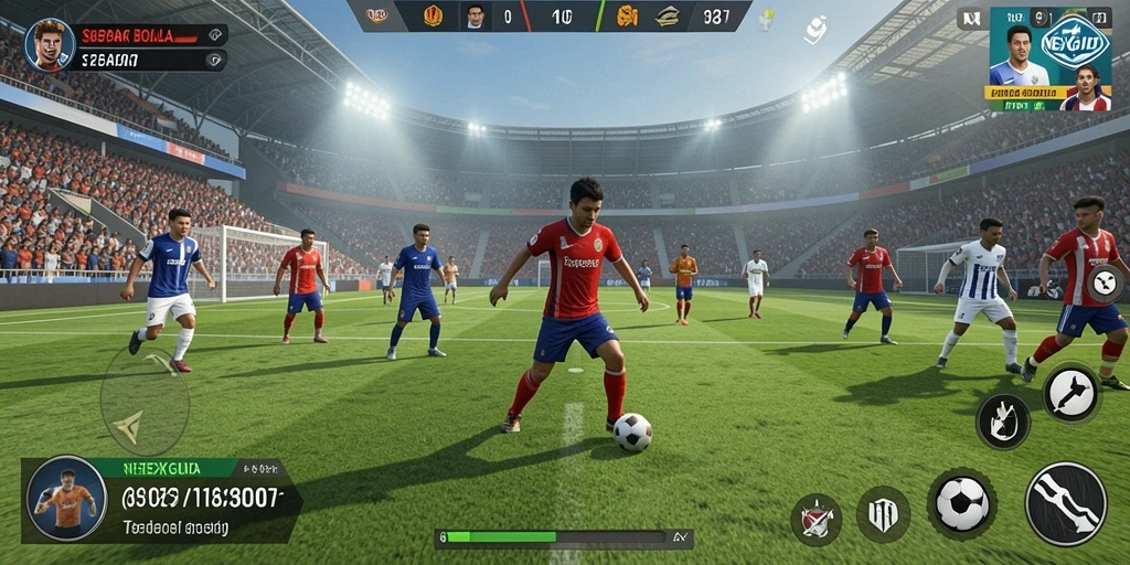Screenshot permainan NEXGID menampilkan aksi seru di lapangan sepak bola.