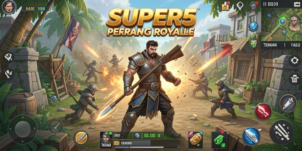 Tampilan epik dari gameplay Battle Royale SUPER5 saat bertempur.